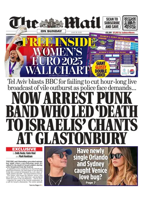 "Now arrest punk band who led 'death to Israelis' chants at Glastonbury" reads the headline on the front page of the Daily Mail. 