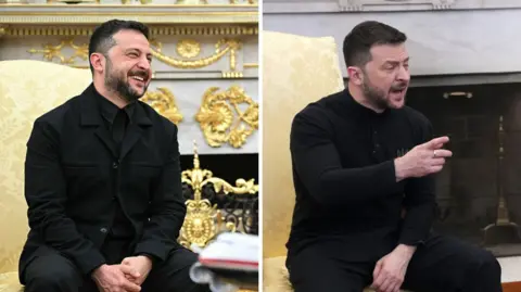 Getty Images Composite image showing Zelensky wearing a black jacket and shirt on Monday in the Oval Office on the left, with a photo of him from February's appearance when he was criticised for wearing military attire.
