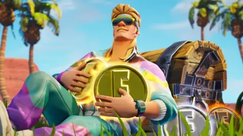 A promotional image for the Fortnite video game, showing a participant in a tracksuit holding the in-game currency of V-Bucks