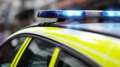 Police siren flashing blue lights at accident or crime scene.