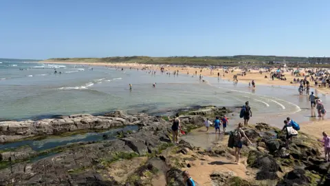 A beach on a sunny day. It is filled with people but their faces are not clear in the image. 