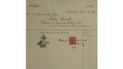 Woolley & Wallis An old receipt which details the sale of the rare vase in 1913. William Cleverley Alexander bought it for £30 at the time.