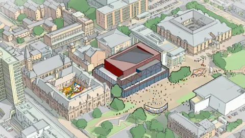 A computer-generated illustration of what a new theatre may look like in Middlesbrough town centre. The new building is multi-storeyed with a red upper floor compared to grey lower floors. 