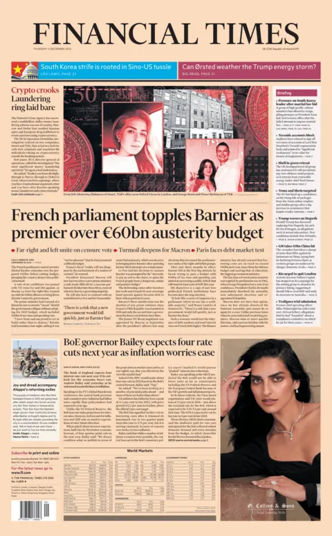 Financial Times fronjt page with headline: "French parliament topples Barnier as premier over €60bn austerity budget"