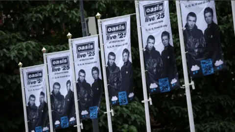 Banners advertising Oasis's five nights of gigs at Heaton Park, Prestwich