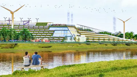 MCK Commercial Design Artist impression of the development showing a view of the building across the river. it is the shape of a low flat-topped pyramid with two wind turbines. A couple sit on a bench to the left looking at the building across the river