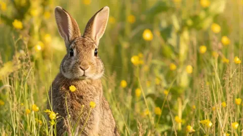 Natasha Roberts A rabbit stares down the barrel of the camera as it sits in a green meadow filled with yellow buttercups. The rabbit has pink inner ears, fluffy brown fur, long black whiskers and big black beady eyes. Its ears are standing up and listening to the environment. 