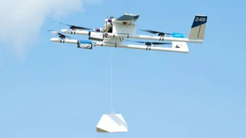 Wing Wing drone letting down a package
