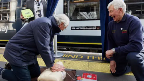 SWR / Alex Wardle Foundation Steve Wardle and other members of the Alex Wardle Foundation took part in defibrillator training at the train naming event