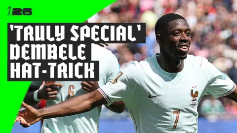 Ousmane Dembele celebrates hat-trick