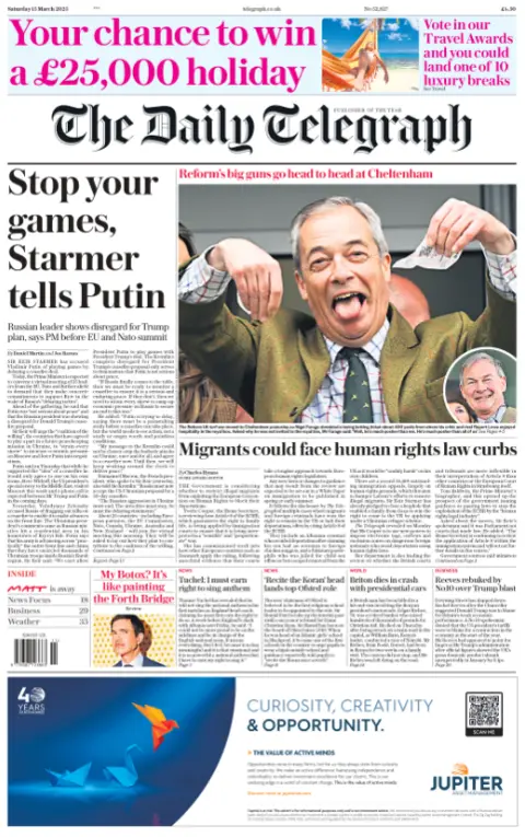 Stop your games, Starmer tells Putin, reads the front of the Daily Telegraph 