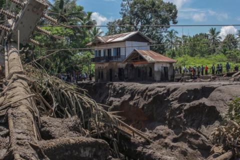 A house damaged after the Marapi volcano erupted