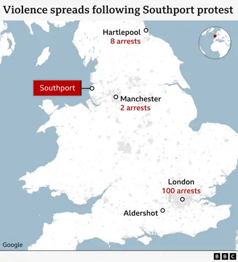 A map showing the number of arrests in locations across England following protests in Southport