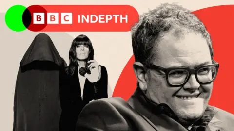 A treated image showing Claudia Winkleman for the show The Traitors, with Alan Carr also pictured to the side
