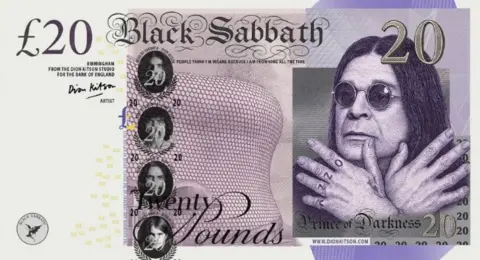 The back of an artist-created £20 note showing Ozzy on the right side with his hands cupping his face, while wearing his trademark round sunglasses. In the middle of the note Birmingham's iconic Selfridges exterior can be seen, with small shots of all four members of Black Sabbath stacked vertically over the top.