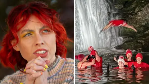 BBC Two images: on the left a young woman with bright red hair clasps her hands anxiously, on the right a group of women in red T shirts and hats are diving into a waterfall