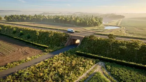 A CG image of a road surrounded by trees and fields with a single white van travelling on it. 