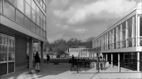 Forever Churchfields/FB A black and white image of the courtyard in Churchfields Comprehensive School