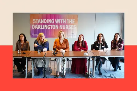 PA Wire Nurses (left to right) Carly Hoy, Lisa Lockey, Bethany Hutchison, Karen Danson, Annice Grundy and Jane Peveller speaking during a press conference