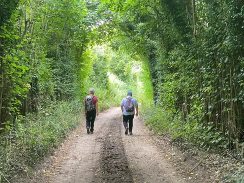 Emily Unia/BBC Two men wearing backpacks walk down a bumpy country lane surrounded by lush foliage and a wall of trees either side.