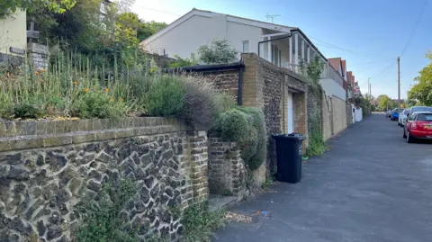Phil Harrison/BBC A residential street with wide pavements and cars parked on the side. Plants are growing in a raised garden above a wall, and there is a black bin outside one of the properties.