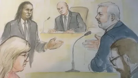 Helen Tipper An artist's impression of Carwyn Jones being questioned at the inquest