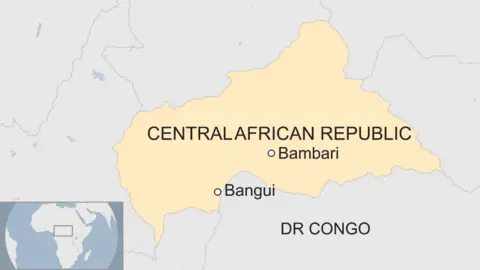 Map showing Bambari in the Central African Republic in relation to the capital Bangui and the DR Congo