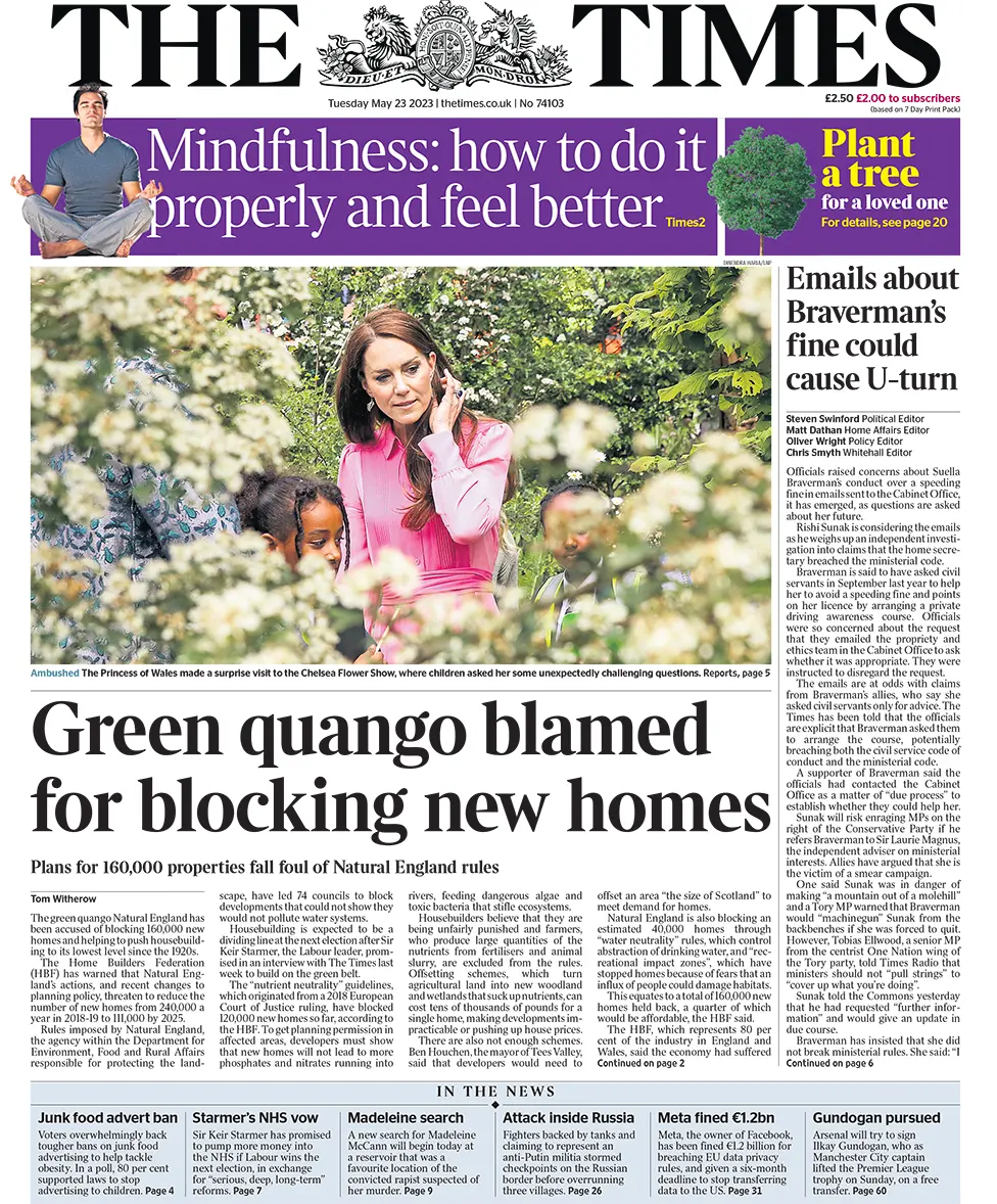 The headline in the Times reads: "Green quango blamed for blocking new homes"