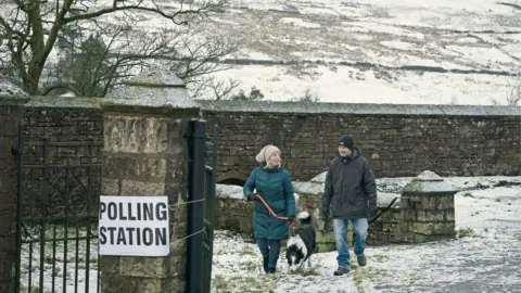 PA Media Couple and dog at polling station in snow