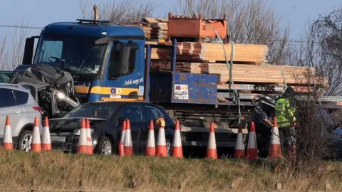 PA Media Lorry with scaffolding crashes into minibus