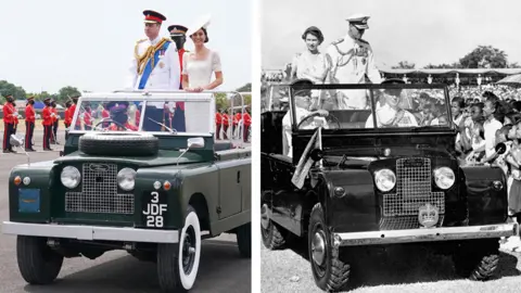 PA Media Left, the Duke and Duchess of Cambridge attend a parade on a Land Rover and, right, the Queen and Duke of Edinburgh drive down lines of youngsters on a Land Rover in Kingston