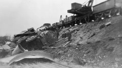 Inpho A bombed train at Ardfert in January 1923