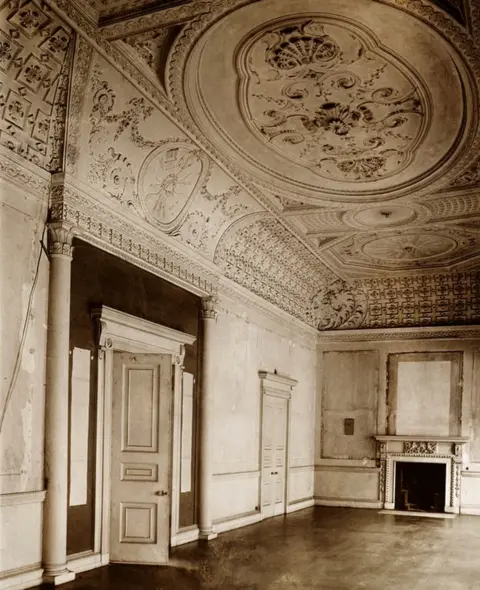 Historic England Archive Interior view in First Floor Room of 17 Bruton Street with Ornate Plaster Ceiling