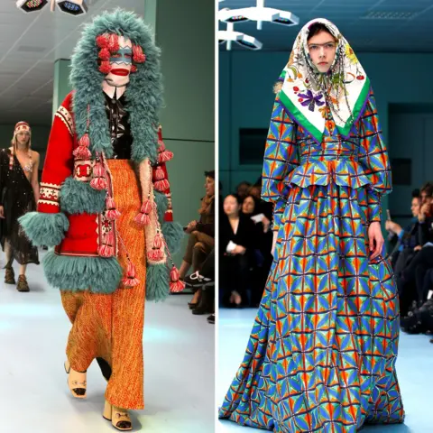 Reuters Two models on the catwalk, one wearing an brightly coloured wool skirt, jacket and hat, the other wearing a brightly patterned dress and headscarf