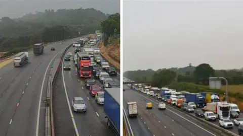 An elevated view of queuing traffic on a motorway