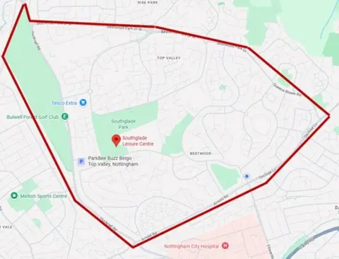 Google/Nottinghamshire Police A google maps screen grab of the area that is included in the dispersal order.