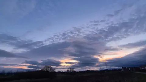 Weather Watchers/Jackie G A skyline in Newcastle upon Tyne. The sky is shades of blue and purple with grey clouds and patches of sun shining through in peach and yellow colours. On the horizon there are houses, trees and phone pylons.