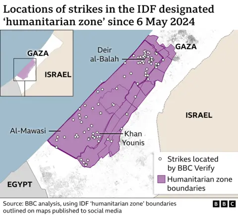 Areas of strikes in the IDF are selected "humanitarian aid station" from 6 May 2024, according to BBC analysis.