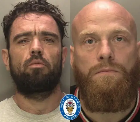 West Midlands Police Two mugshots of two men, side by side, with a West Midlands Police logo in the centre. The man on the left has dark hair and a beard. The man on the right is bald with a ginger beard. Both men have serious expressions.
