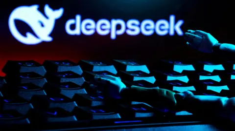 Illustration of robot arms typing in front of DeepSeek logo.