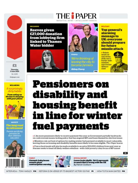 "Pensioners on disability and housing benefit in line for winter fuel payments" reads the headline on the front page of The i Paper.
