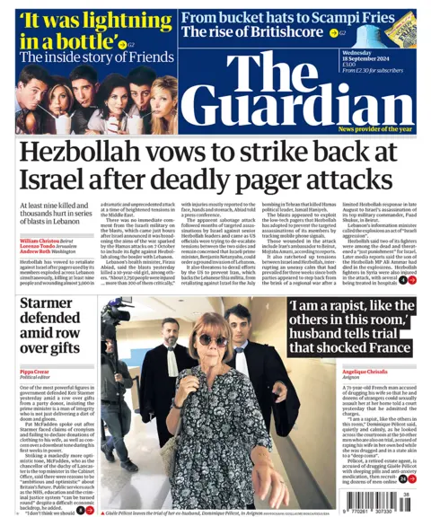 The Guardian headlines "Hezbollah vows to onslaught   backmost  astatine  Israel aft  deadly pager attacks" 