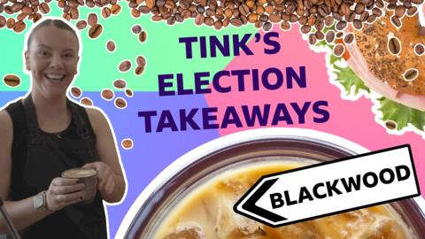 Tink in a black apron holding a cup of coffee in the left of the image, with graphics across the centre which say Tink's election takeaways