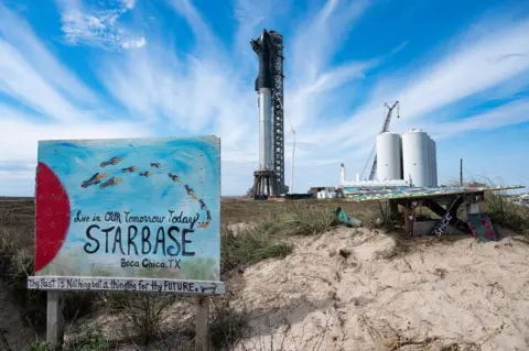 A sign that says "Live in our tomorrow today: Starbase, Boca Chica, TX" in front of a sand dune and a rocket launch facility in the distance. 