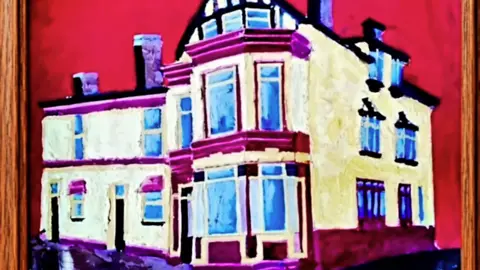 Gary North An impressionistic painting of a white and purple pub building against a red sky