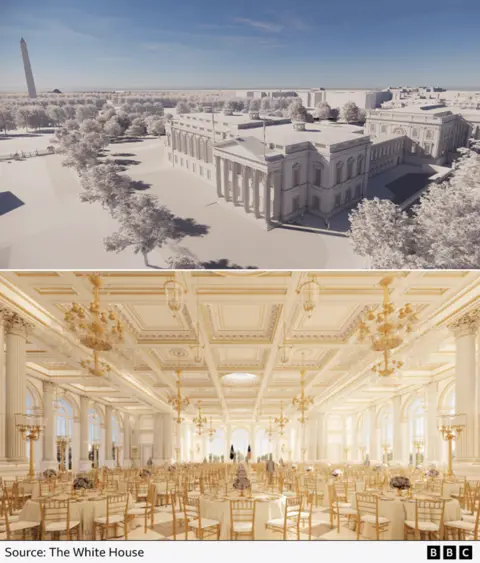 The White House An architectural mock-up of the exterior of the proposed ballroom built next to the main White House residence with the Washington skyline in the background, and a second mock-up of the inside the ballroom with dozens of tables and chairs placed in a grand gold-plated white room.