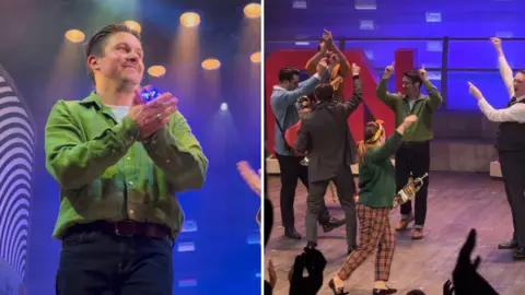 @Theatre.trips/Molly Richardson A side-by-side picture of Craig dressed in a green shirt, applauding on stage. then another where he has his arms up along with the rest of the cast as part of what looks like a musical number