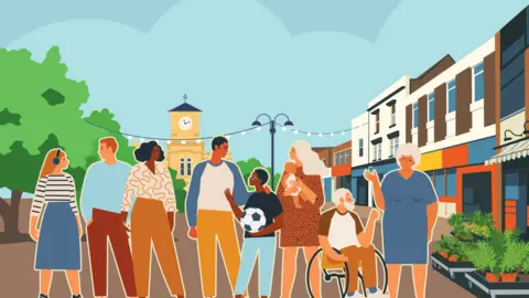 City of Wolverhampton Council A computer-generated drawing showing eight people in the foreground. Buildings are on the right, what could be Bilston town hall is in the middle and a tree is on the left in the background.