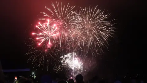 Large fireworks display explodes across the night sky in red, gold and white bursts above a crowd of spectators. Silhouetted figures fill the foreground while bright fireworks illuminate drifting smoke overhead.