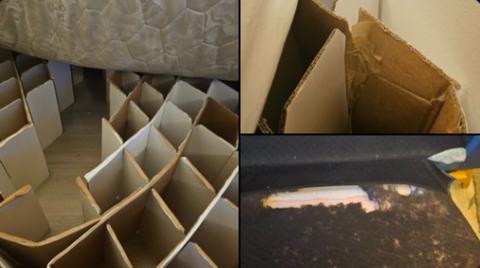 A cardboard bed and mouldy sofa bed